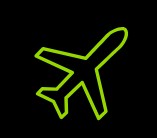 Green outline of an airplane icon on a black background.