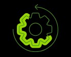 Green outline of a gear with a circular arrow icon on a black background.