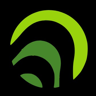Green abstract emblem of Pradera Technologies on a black background.