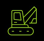 Green outline of a construction excavator icon on a black background.