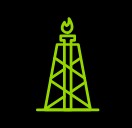 Green outline of an oil and gas drilling rig icon with a flame on a black background.