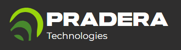 Pradera Technologies logo with green abstract design and white text on a dark background.